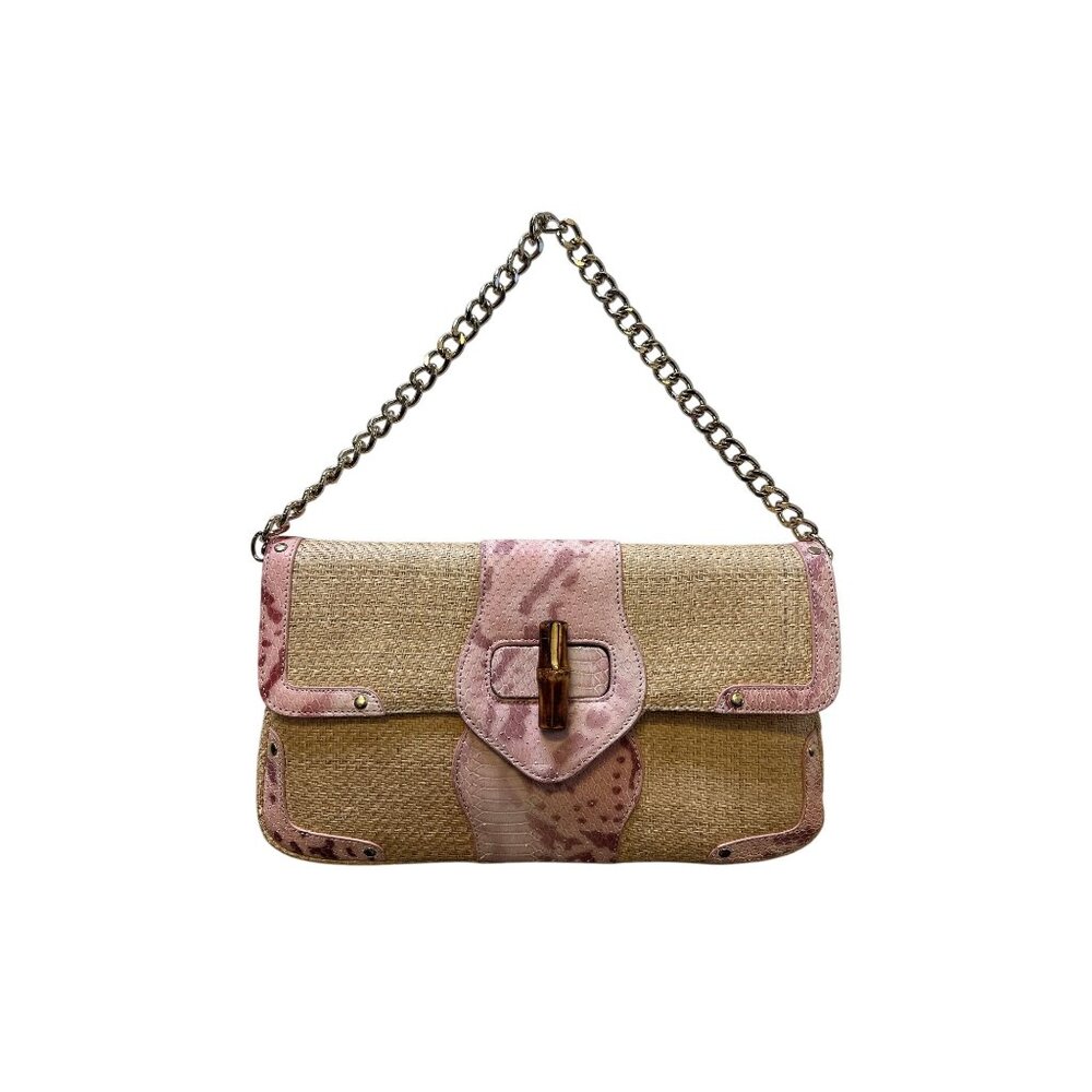 NWT Elaine Turner Pink Python-Accented Straw Clutch w/Gold Chain Strap